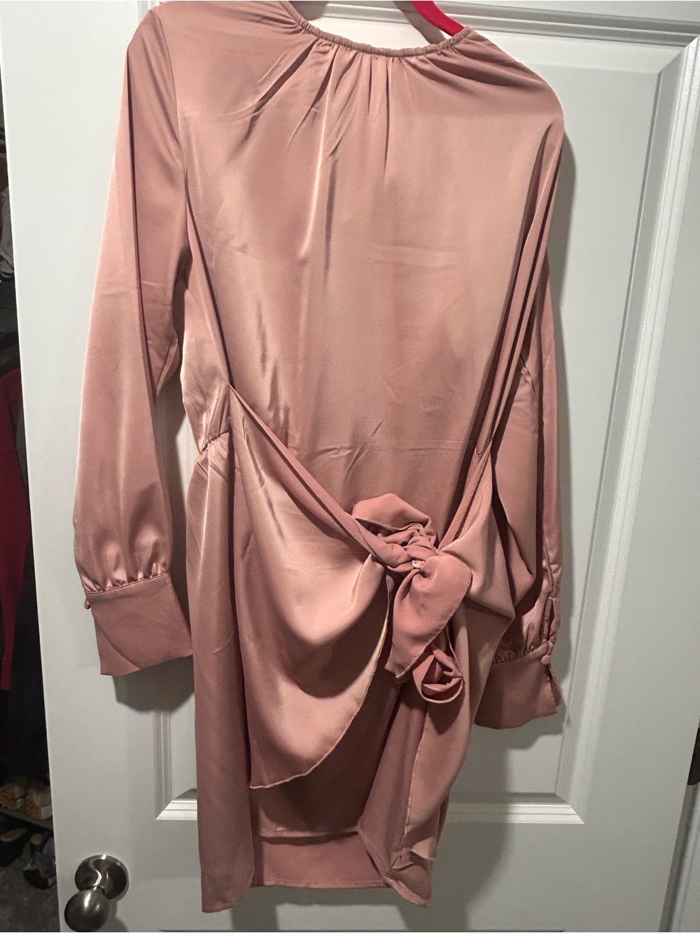 Elegant Long-Sleeve Satin Dress with Twist Front tie Detail - Blush XL